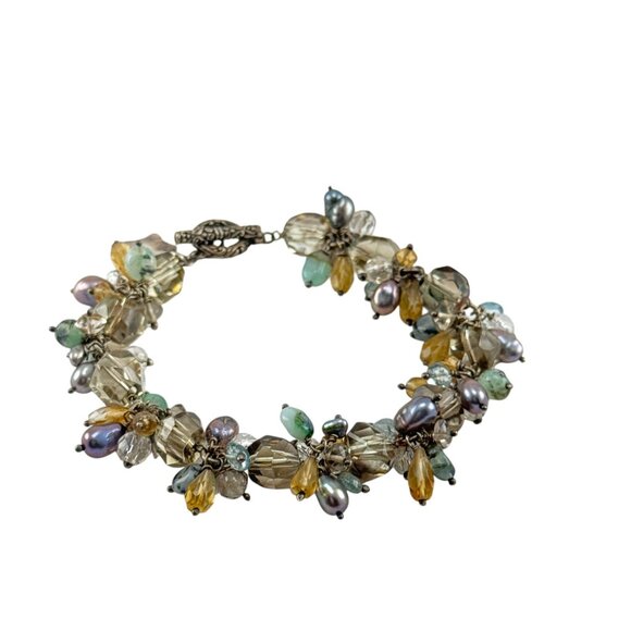 Vintage Multi Gemstone Cluster Bracelet Citrine Quartz Pearl Sterling Silver - Picture 6 of 8